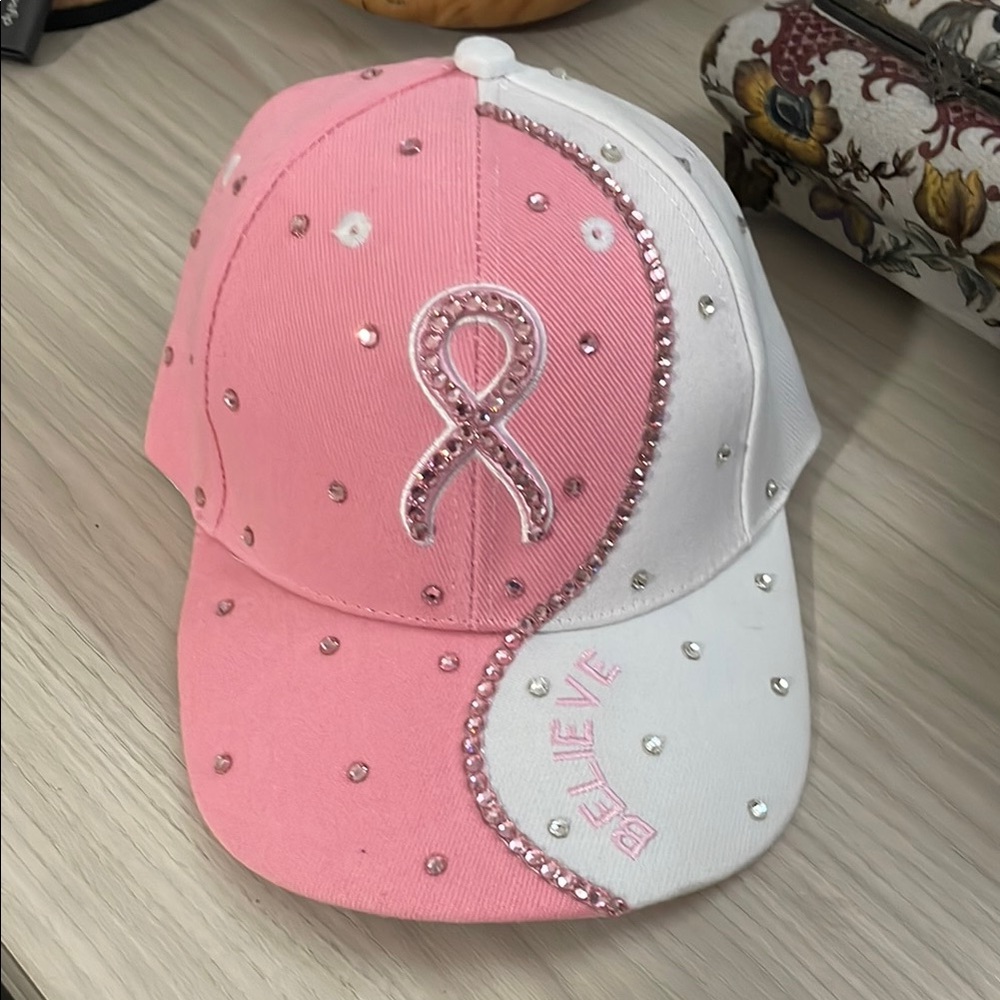 Pink and White breast cancer awareness pink ribbon Cap with Rhinestones